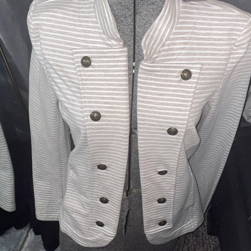 Tommy Hilfiger M White and Gray Structured Blazer with Stand-Up Collar